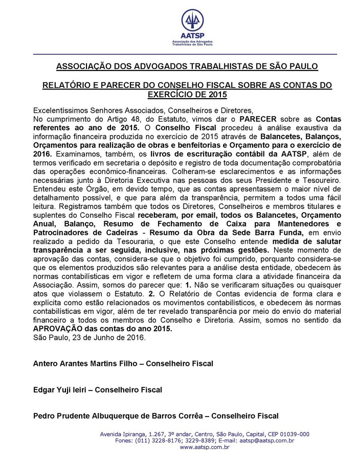 Relatório Do Conselho Fiscal Sobre As Contas Do Exercício De 2015 Aatsp 9332